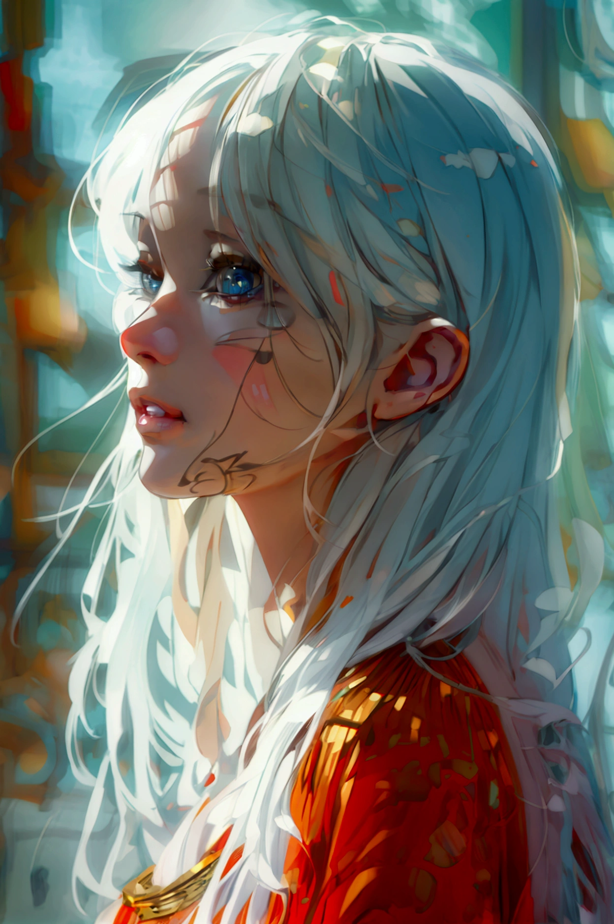 Young girl with long white hair and beautifully detailed eyes. Beautifully detailed lips Very detailed eyes and face, long eyelashes, standing smile, clear figure (best quality, 4k, 8k, high resolution, masterpiece: 1.2), very detailed, (realistic, photorealistic, lifelike of photos: 1.37), portraits, fantasy, bright colors, dramatic lighting