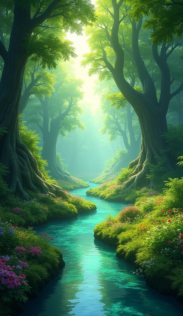 draw a picture of a dense green forest with a flowing river