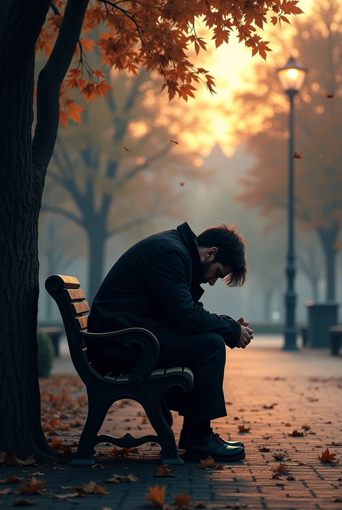 Create an image of a sad man sitting on a park bench during sunset. He has his head down, looking at the floor, with slumped shoulders, expressing melancholy. The square is partially empty, with some trees in the background and leaves falling. The man is wearing a dark coat and is leaning forward slightly., as if he were immersed in his thoughts. Soft evening light illuminates the scene, creating a dark and introspective atmosphere.