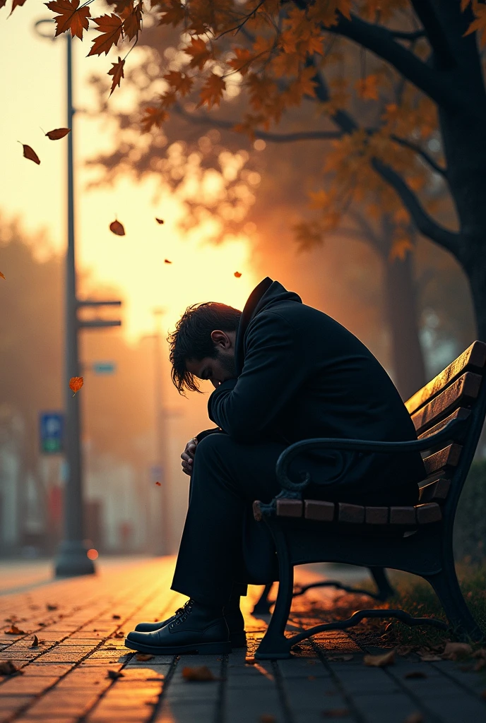 Create an image of a sad man sitting on a park bench during sunset. He has his head down, looking at the floor, with slumped shoulders, expressing melancholy. The square is partially empty, with some trees in the background and leaves falling. The man is wearing a dark coat and is leaning forward slightly., as if he were immersed in his thoughts. Soft evening light illuminates the scene, creating a dark and introspective atmosphere.