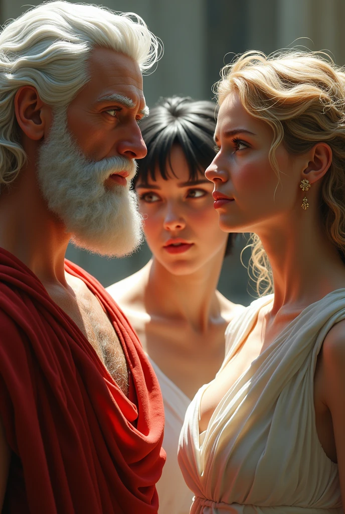 Zeus with white hair with a surprised face is with Aphrodite with loose blonde hair in a white dress talking and behind them two in the middle appears another woman Sappho of Lesbos with short dark hair, women have faces of desire.