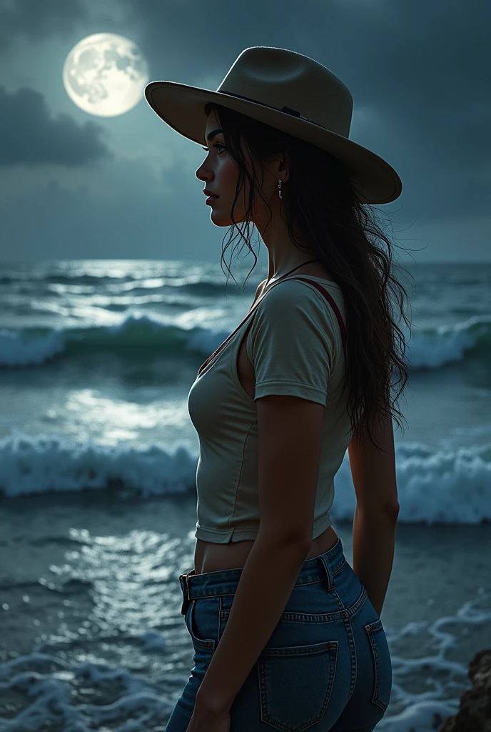 Me.You can generate a logo that says Nicole Simone, that's the most important thing., where a very realistic rancherita appears with a hat and jeans looking at the.rough sea, The brand is called Nicole Simone, The moon must appear reflecting the sea in black and white, Woman 1.70 height and medium to thick build, remember that it is a brand, Must say Nicole Simone en grande para promocionar a la artista, Must say "Nicole Simone"