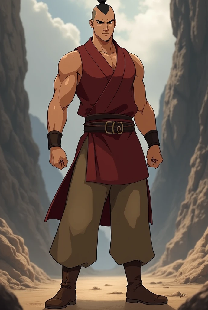 Create an outfit based on Avatar: The Last Airbender in the same style as the animation., where the character is a firebending man, something that conveys power but the clothes should be simple with accessories in plain color