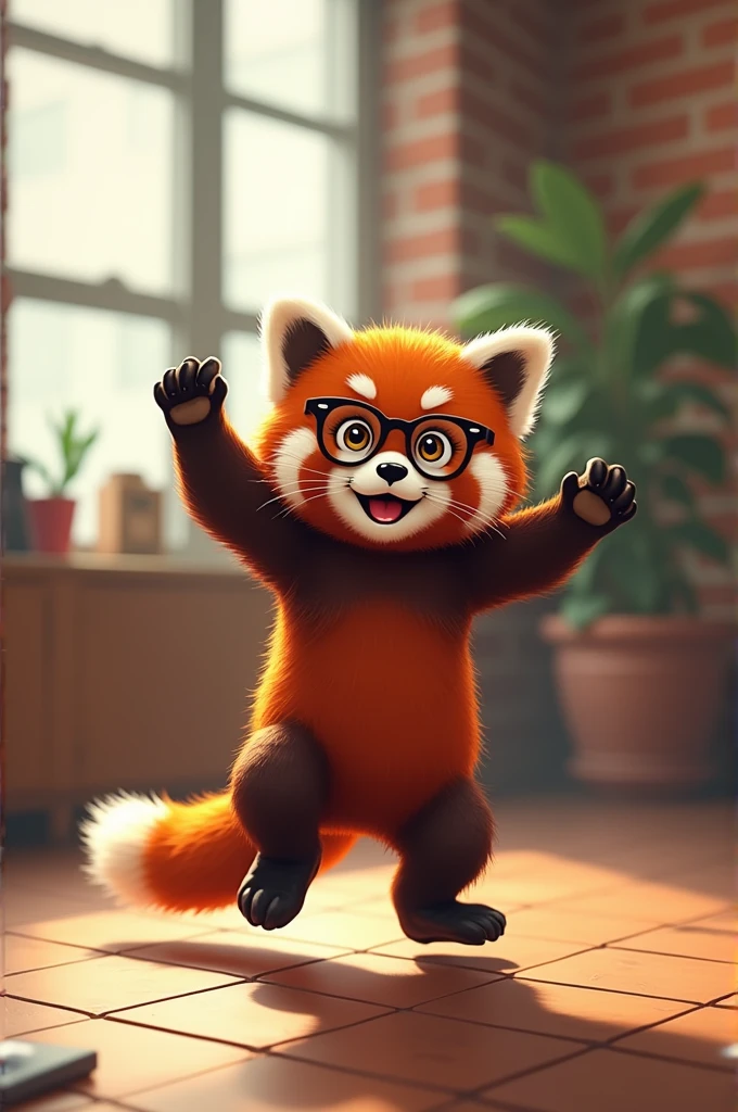 A red panda with big eyes wearing round glasses dancing break dance 