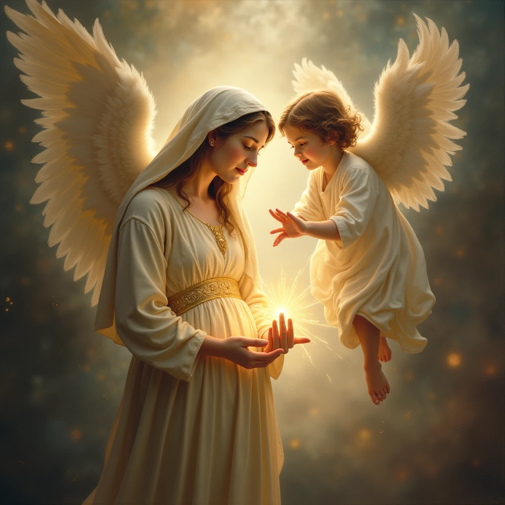 Pregnant Virgin Mary being conceived by the holy spirit and an angel
