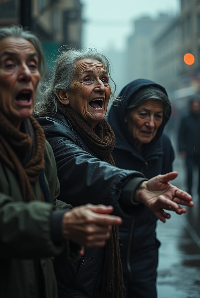Old women crying on streets asking for help on rainy day
