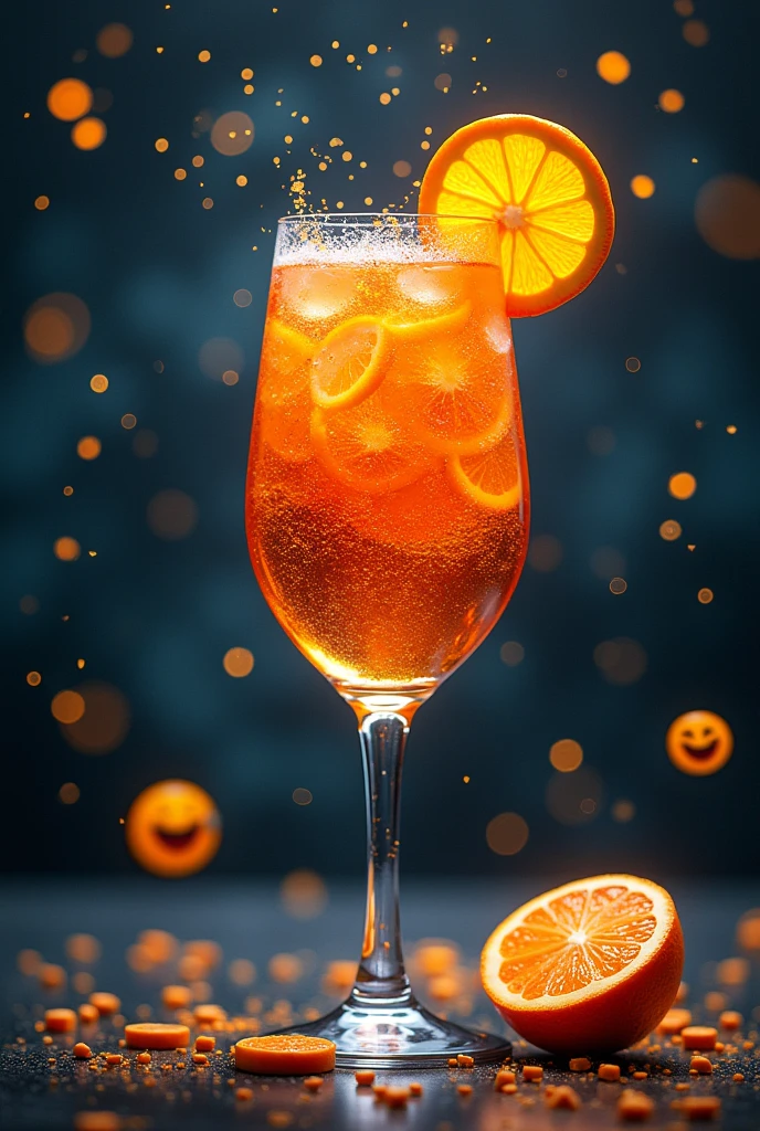 araful drink in a glass with an orange slice on the rim, Sparkling wine, Giuseppe Avanzi, Inspired by Vito Dancona (Vito D&#39;Ancona), Happy appearance, Inspired by Giuseppe Abbati, Despairing, Shining atmosphere, Inspired by Perin del Vaga, 🕹️ 😎 🔫 🤖 🚬, 555400831, drink,poster