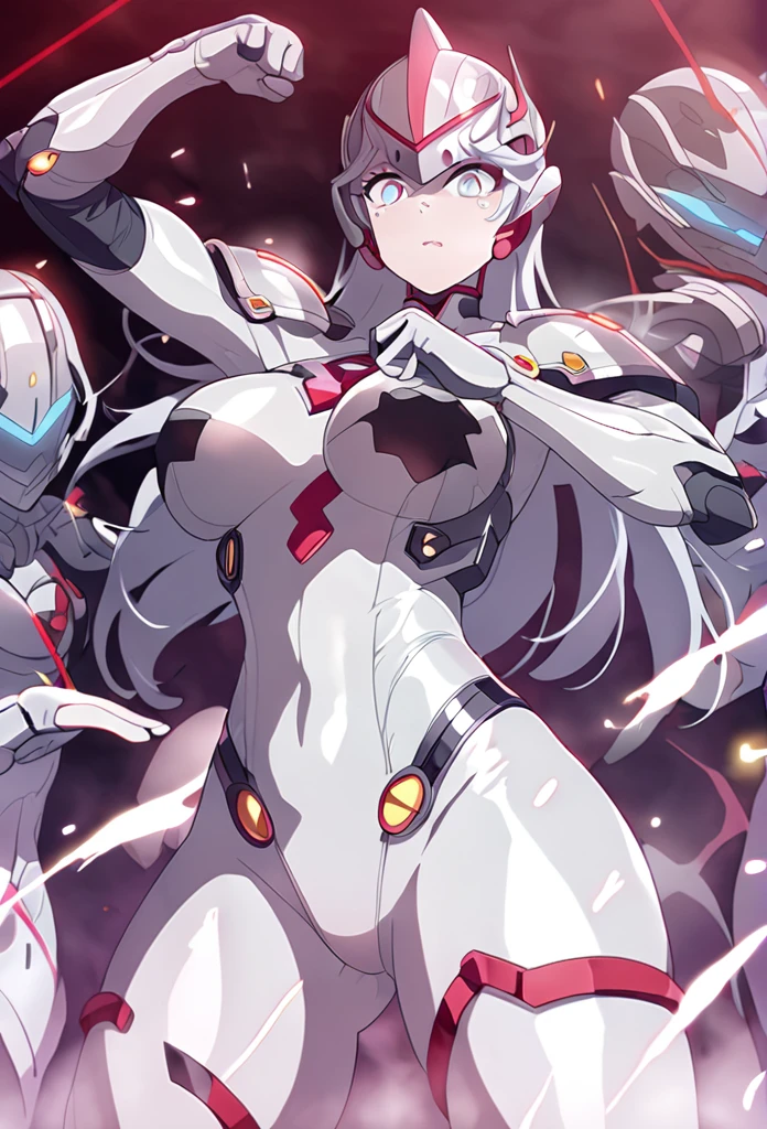 Fighting monsters、Super Heroine(Silver combat suit with red lines、Silver helmet with milky white eyes)