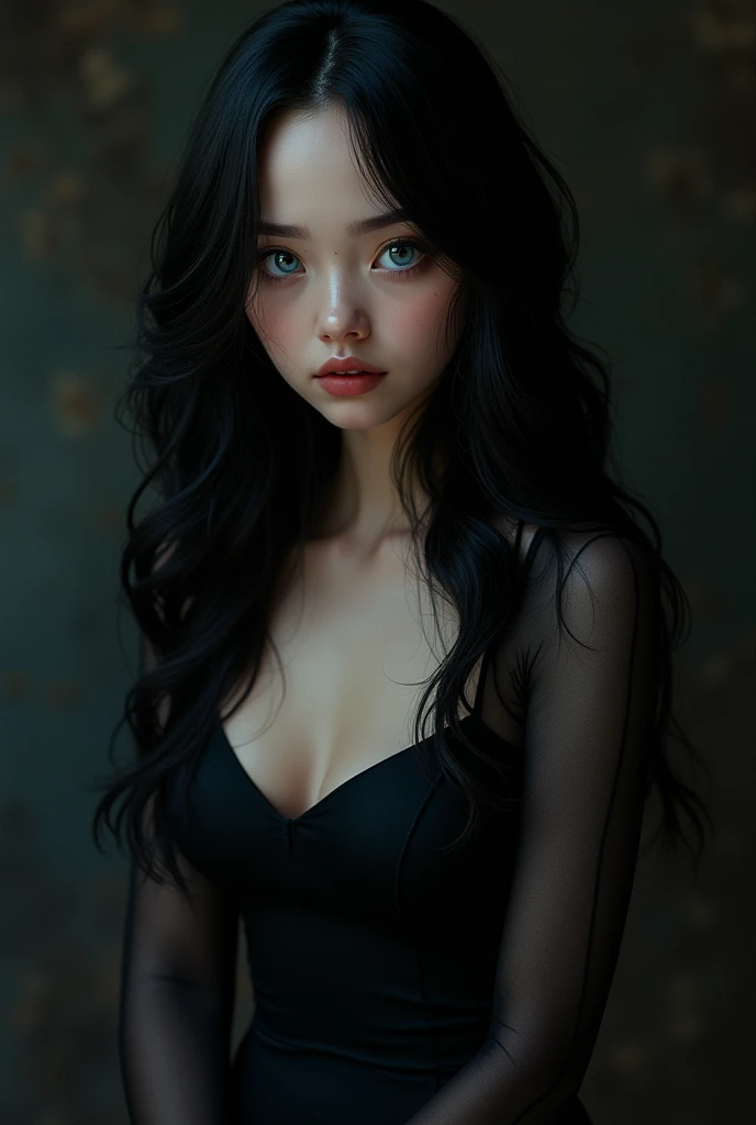A girl with a heart shaped face, thin nose, thick, slightly red lips and very long, wavy black hair, with a very small waist, and a fitted dress, with a dominant look and big blue eyes with white skin and a dark background