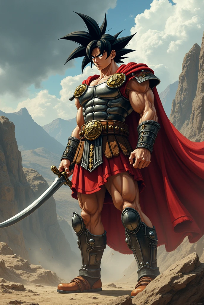 Son Goku wearing Spartan costume from the movie '300' in the style of the Dragon Ball cartoon