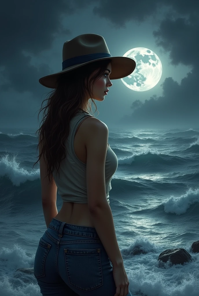 Me.You can generate a logo that says Nicole Simone, that's the most important thing., where a very realistic rancherita appears with a hat and jeans looking at the.rough sea, The brand is called Nicole Simone, The moon must appear reflecting the sea in black and white, Woman 1.70 height and medium to thick build, remember that it is a brand, Must say Nicole Simone en grande para promocionar a la artista, Must say "Nicole Simone"