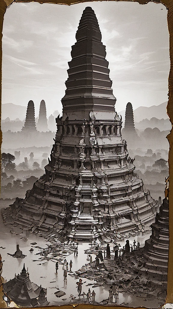"A rare, faded, and blurry old-style image of Thai villagers from the Ayutthaya period standing near the wreckage of a massive, heavily damaged UFO that is partially embedded into the ground. The UFO is intricately detailed with a futuristic design, appearing almost ancient in its decay. In the background, traditional Thai architecture with tall pagodas adds a historical contrast. The villagers, dressed in traditional Ayutthaya attire, stand solemnly, looking towards the wreckage. The image has a worn, cracked, and aged appearance, as if it were an old photograph, with desaturated and muted colors."