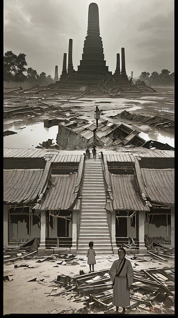 
"A rare, faded, and blurry old-style image of Thai villagers from the Ayutthaya period standing near the wreckage of a massive, heavily damaged UFO that is partially embedded into the ground. The UFO is intricately detailed with a futuristic design, appearing almost ancient in its decay. In the background, traditional Thai architecture with tall pagodas adds a historical contrast. The villagers, dressed in traditional Ayutthaya attire, stand solemnly, looking towards the wreckage. The image has a worn, cracked, and aged appearance, as if it were an old photograph, with desaturated and muted colors."