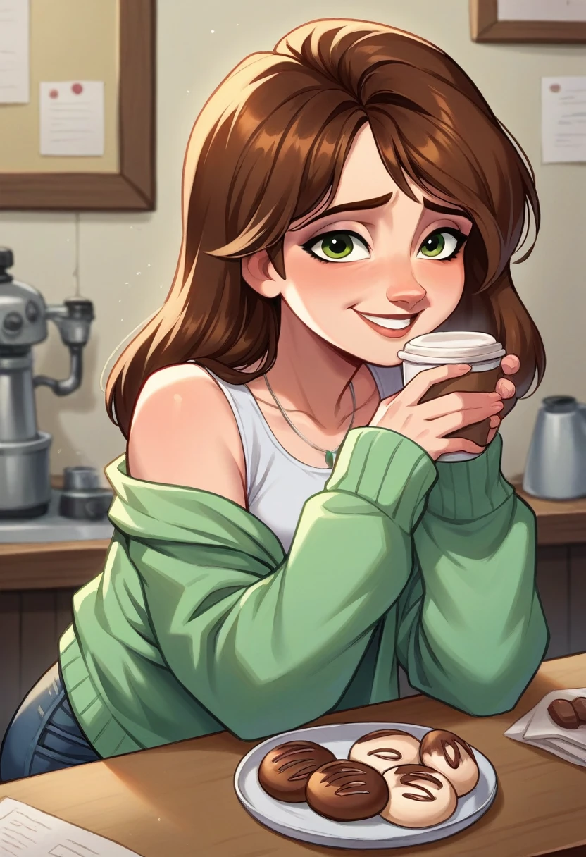 Create a detailed image of a woman in her late 30s with a warm and caring demeanor, similar to Aunt Cass from the movie 'Big Hero 6.' She has shoulder-length brown hair, green eyes, and is wearing a light green cardigan over a white shirt and jeans. She is in a cozy café setting, but her arm is wrapped in a bandage, hinting at a recent injury. Despite the bandage, she maintains a friendly and comforting smile, with the background including elements like a coffee counter, pastries, and a warm, inviting atmosphere.