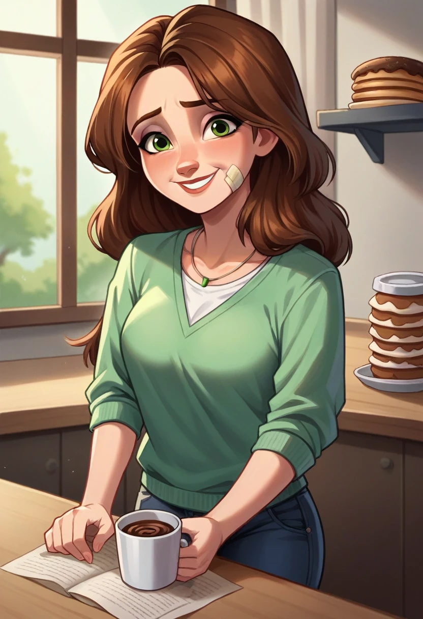 Create a detailed image of a woman in her late 30s with a warm and caring demeanor, similar to Aunt Cass from the movie 'Big Hero 6.' She has shoulder-length brown hair, green eyes, and is wearing a light green cardigan over a white shirt and jeans. She is in a cozy café setting, but her arm is wrapped in a bandage, hinting at a recent injury. Despite the bandage, she maintains a friendly and comforting smile, with the background including elements like a coffee counter, pastries, and a warm, inviting atmosphere.