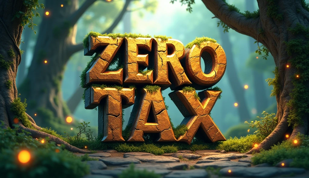 Create a 3D stylized announcement image for SOLMON with a forest-themed background. The central focus should be the text 'Zero Tax' designed in a medieval fantasy-themed font. The font should be bold and blocky with subtle curves and intricate details. The letters should appear as if carved from stone, featuring small cracks and moss growing around the edges, enhancing the ancient, mythical feel. The text should be in a rich golden color with a metallic finish, glowing subtly to add emphasis and power. For the background, use a dense, mystical forest with towering trees covered in moss and vines. Add elements like softly glowing fireflies, shafts of sunlight filtering through the canopy, and patches of soft, green grass. Surround the 'New Buy' text with subtle forest elements like hanging vines, scattered leaves, and small, glowing orbs to create a magical, immersive atmosphere. The overall design should convey a sense of majesty and enchantment, making it visually striking and perfect for a fantasy-themed announcement.