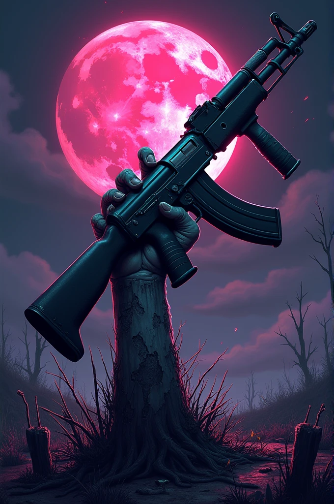 A logo of a realistic zombie hand, coming out of the ground, with an ak47, with the moon in the background, with phosphorescent green and fuchsia pink colors. With the name KILLERZOMDANY