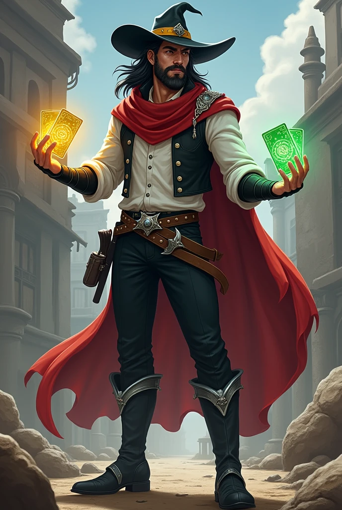 Hector stands at 1.75 meters, exuding a rugged charisma shaped by countless adventures. His long, dark hair, streaked with a striking line of white, frames a face marked by determination and youthful. A well-groomed beard, with hints of white, adds a touch of maturity without overshadowing his vitality. His deep brown eyes, sharp and reflective, burn with quiet resolve. A red scarf with intricate golden patterns drapes around his neck, complementing a white dress shirt and sleek black vest. Brown pants with a stone-adorned belt and silver-spurred boots complete his look. A black cowboy hat with a yellow band adds to his enigmatic aura. Hector wields two decks of cards—one glowing yellow, the other green—manifestations of his powerful magic. Deeply loyal to his allies and protective of his family, Hector stands as a beacon of hope and strength in a chaotic, fantasy ,RPG  style.