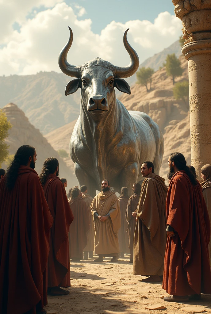(photorealism:1.2), People worshipping a silver bull figure ,at the time of Jesus Christ