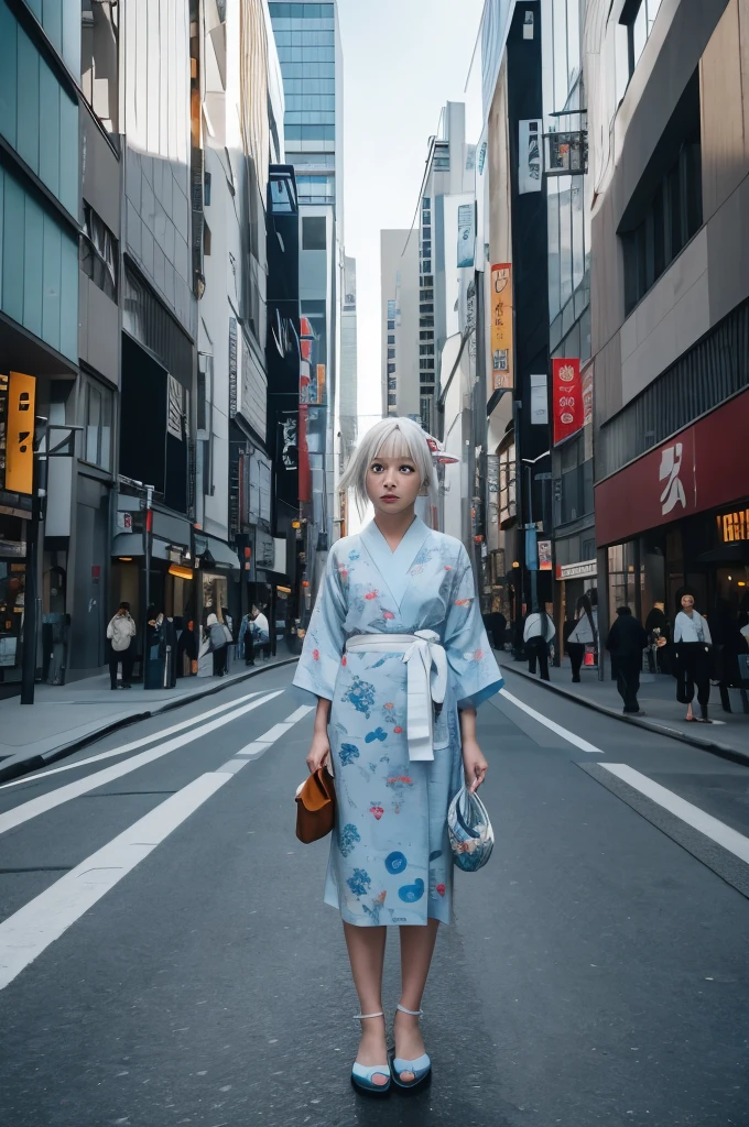 A street photograph capturing a 14-year-old Japanese girl with semi-long platinum white hair, floating effortlessly in the space between buildings in Tokyo's Ginza office district. The area is dark , nestled between skyscrapers, with the afternoon sunlight filtering through and casting dramatic chiaroscuro patterns across the scene. The girl, dressed in a traditional light sky blue yukata with delicate white rabbit prints, tied with a thin blue obi , appears almost ethereal, like a spirit of the city. Her hair flows gently as she hovers in the air, her gaze calm and serene as she surveys the scene below. The contrast between her traditional attire and the futuristic cityscape enhances the mysterious and otherworldly atmosphere. The image is stylized to mimic machine-made street photograph y with a 120mm film effect , emphasizing the dynamic chiaroscuro lighting, with cool tones and 35mm film aesthetics .