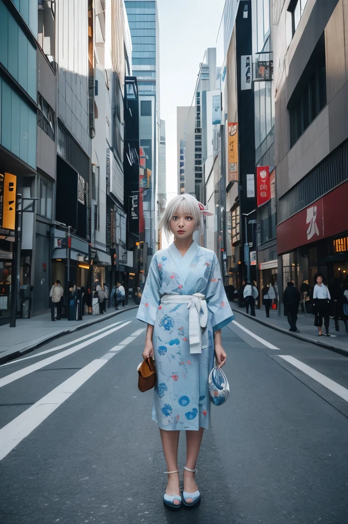 A street photograph capturing a 14-year-old Japanese girl with semi-long platinum white hair, floating effortlessly in the space between buildings in Tokyo's Ginza office district. The area is dark , nestled between skyscrapers, with the afternoon sunlight filtering through and casting dramatic chiaroscuro patterns across the scene. The girl, dressed in a traditional light sky blue yukata with delicate white rabbit prints, tied with a thin blue obi , appears almost ethereal, like a spirit of the city. Her hair flows gently as she hovers in the air, her gaze calm and serene as she surveys the scene below. The contrast between her traditional attire and the futuristic cityscape enhances the mysterious and otherworldly atmosphere. The image is stylized to mimic machine-made street photograph y with a 120mm film effect , emphasizing the dynamic chiaroscuro lighting, with cool tones and 35mm film aesthetics .