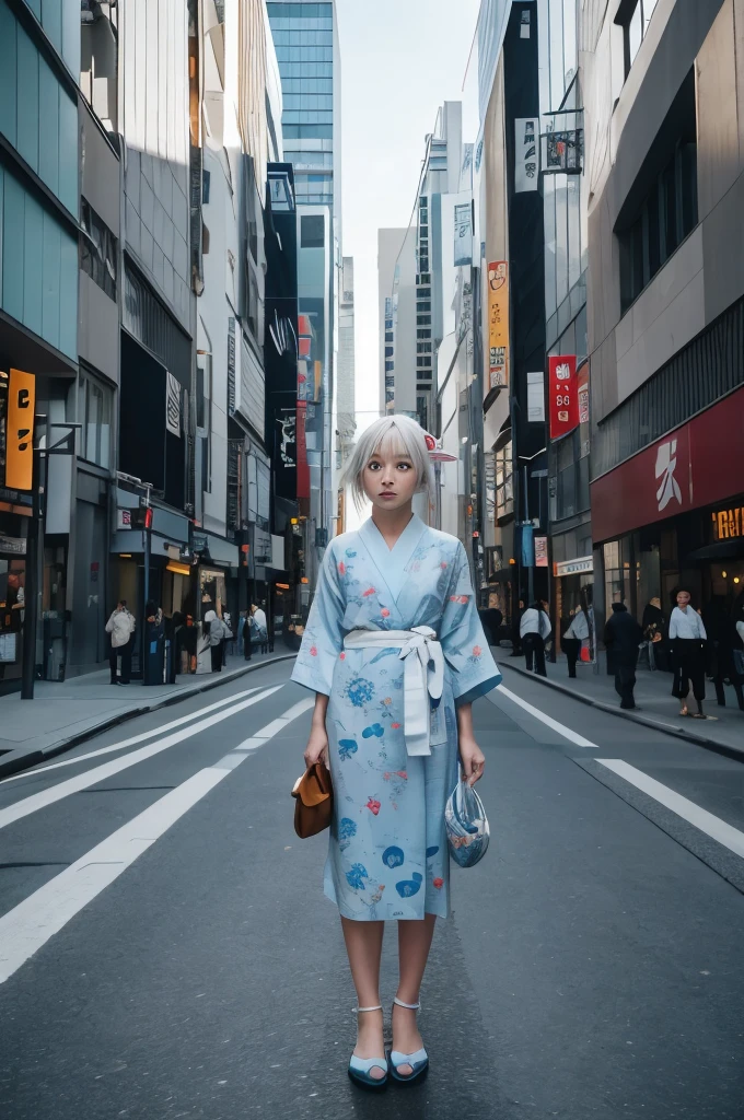 A street photograph capturing a 14-year-old Japanese girl with semi-long platinum white hair, floating effortlessly in the space between buildings in Tokyo's Ginza office district. The area is dark , nestled between skyscrapers, with the afternoon sunlight filtering through and casting dramatic chiaroscuro patterns across the scene. The girl, dressed in a traditional light sky blue yukata with delicate white rabbit prints, tied with a thin blue obi , appears almost ethereal, like a spirit of the city. Her hair flows gently as she hovers in the air, her gaze calm and serene as she surveys the scene below. The contrast between her traditional attire and the futuristic cityscape enhances the mysterious and otherworldly atmosphere. The image is stylized to mimic machine-made street photograph y with a 120mm film effect , emphasizing the dynamic chiaroscuro lighting, with cool tones and 35mm film aesthetics .