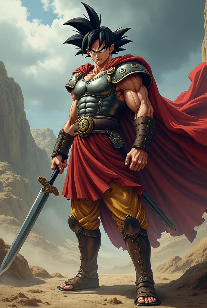 Son Goku wearing Spartan costume from the movie '300' in the style of the Dragon Ball cartoon