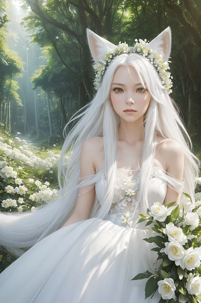 A (((beautiful and youthful woman))), with flowing, (((long white hair))), which extends past her shoulders and fills the scene, along with (((white fox ears))), set against a backdrop of a (((lush green forest))), where she dons a (((white dress))), with a (((white flower crown))), and a (((white fox tail))), all against a (21st century classic) realistic and hyper-detailed photography style