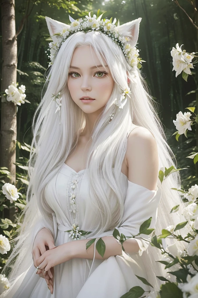 A (((beautiful and youthful woman))), with flowing, (((long white hair))), which extends past her shoulders and fills the scene, along with (((white fox ears))), set against a backdrop of a (((lush green forest))), where she dons a (((white dress))), with a (((white flower crown))), and a (((white fox tail))), all against a (21st century classic) realistic and hyper-detailed photography style