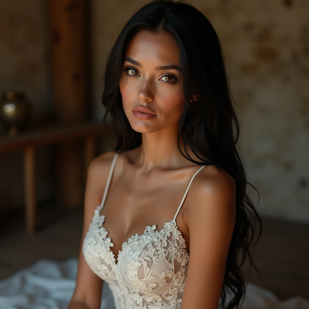 photorealistic, 1 woman, modeling campaign, modeling campaign, wedding dress campaign, photo studio, rustic photo studio, slim body, defined body, thin face, defined features, big eyes, small nose, round nose, pronounced tails, light skin, long hair, black hair, seductive pose, looking directly at viewer, seductive smile.