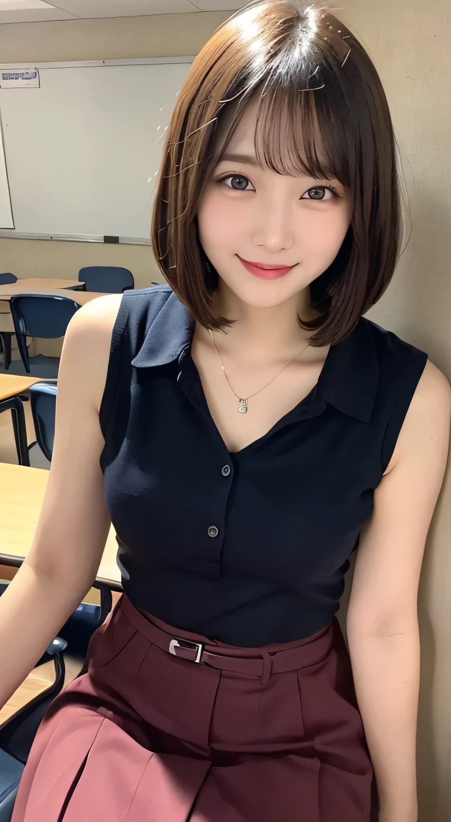 Tabletop, Highest quality, figure, Very detailed, In detail, High resolution, 8k wallpaper, Perfect dynamic composition, Beautiful attention to detail, (bob cut),(medium hair)、Small breasts, Randomly sexy poses,smile、20-year-old girl、cute、sexy shot looking at camera,Perfect and beautiful face、Sleeveless shirt、Collared shirt、24-years-old、female teacher、mermaid skirt、smile、Simple Necklace、staff room、School、