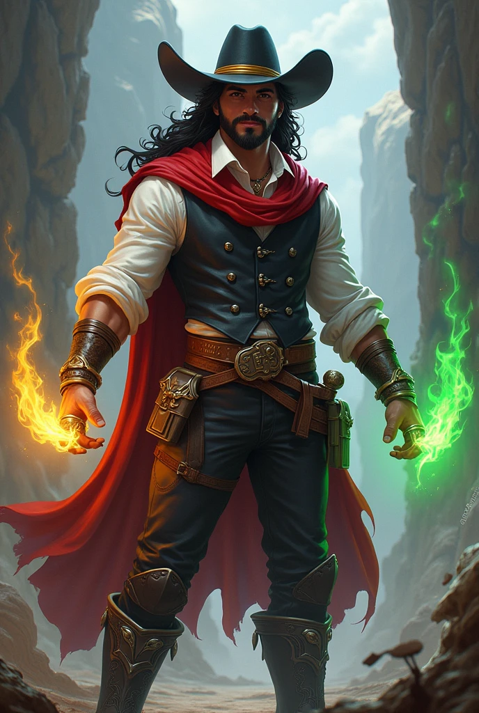 Hector stands at 1.75 meters, exuding a rugged charisma shaped by countless adventures. His long, dark hair, streaked with a striking line of white, frames a face marked by determination and youthful. A well-groomed beard, with hints of white, adds a touch of maturity without overshadowing his vitality. His deep brown eyes, sharp and reflective, burn with quiet resolve. A red scarf with intricate golden patterns drapes around his neck, complementing a white dress shirt and sleek black vest. Brown pants with a stone-adorned belt and silver-spurred boots complete his look. A black cowboy hat with a yellow band adds to his enigmatic aura. Hector wields two decks of cards—one glowing yellow, the other green—manifestations of his powerful magic. Deeply loyal to his allies and protective of his family, Hector stands as a beacon of hope and strength in a chaotic, fantasy ,RPG style.