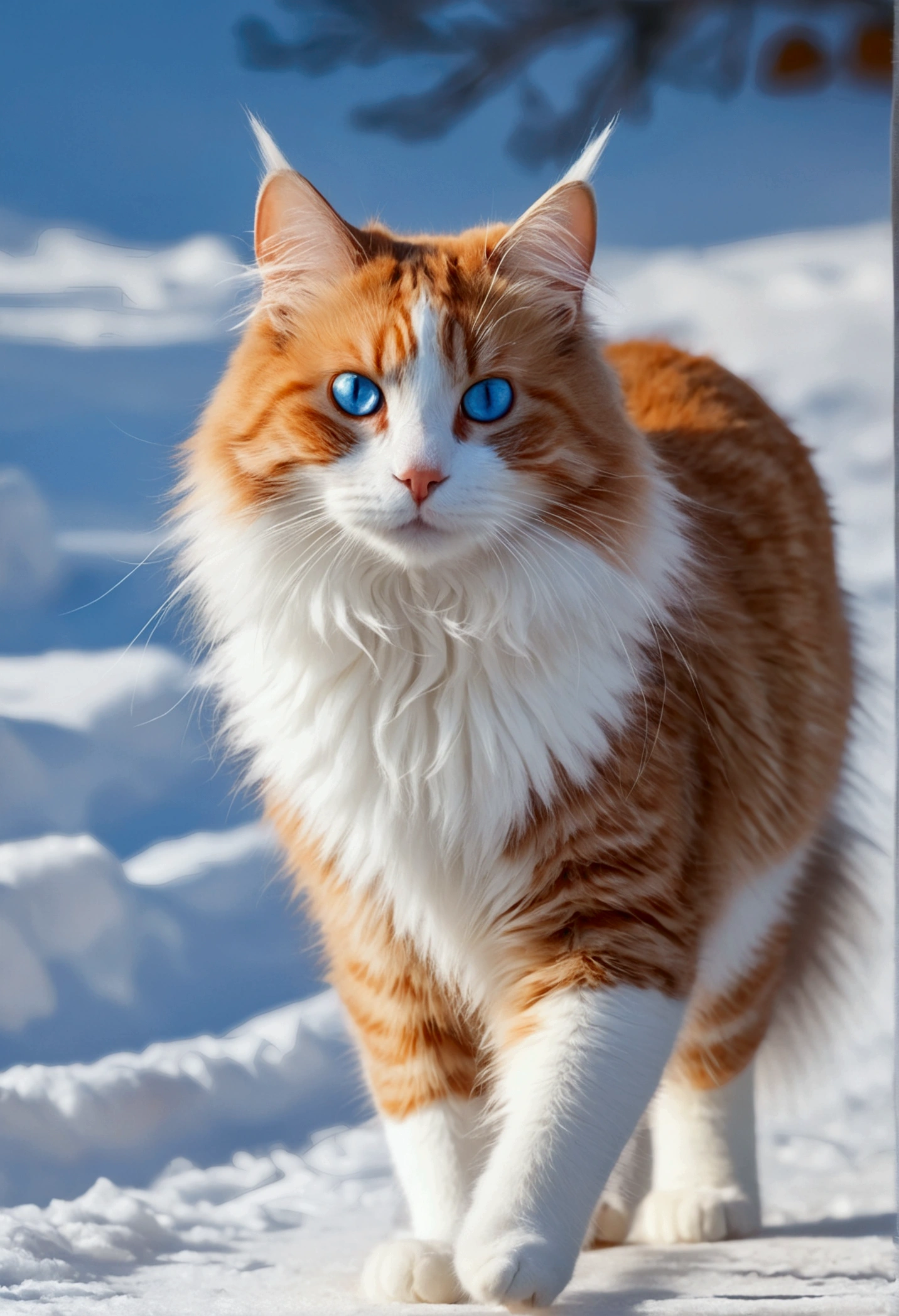 A cat walks in the snow, blue eyes, fluffy, long thickly furred tail, white and orange patterned, 4k highly detailed