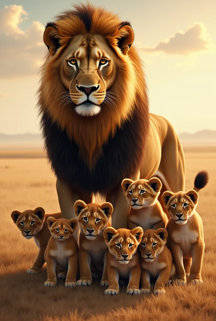 Male lion standing with 12 cubs at right