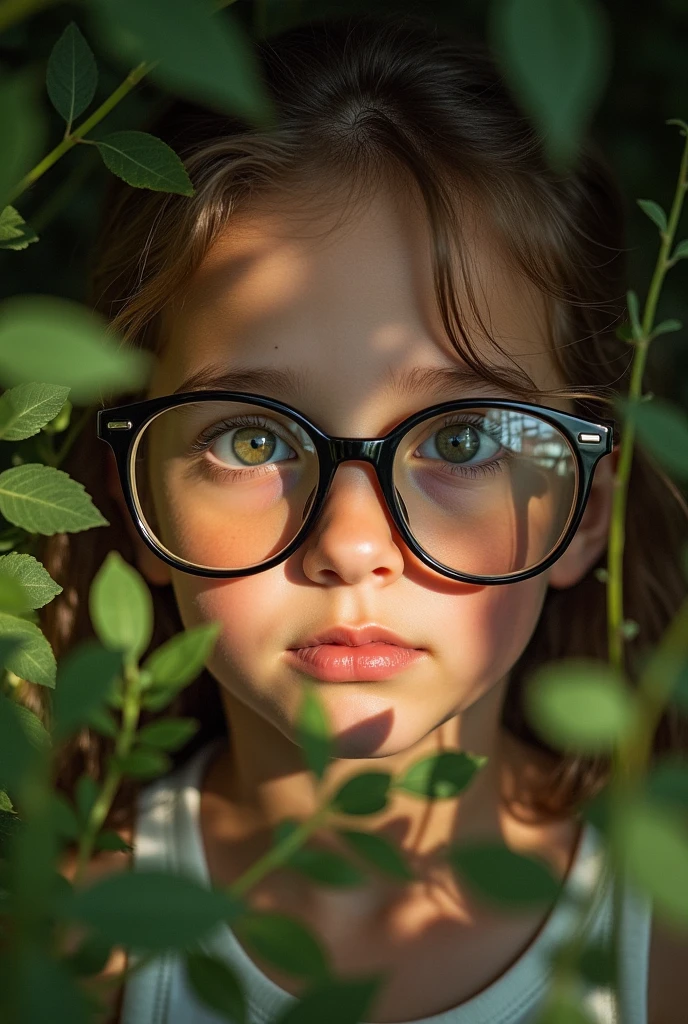 Photograph of a &#39;s face with glasses and reflections in them with pennyroyal herbs on the sides in an environment with morning light and shadows projected on his face wide shot
