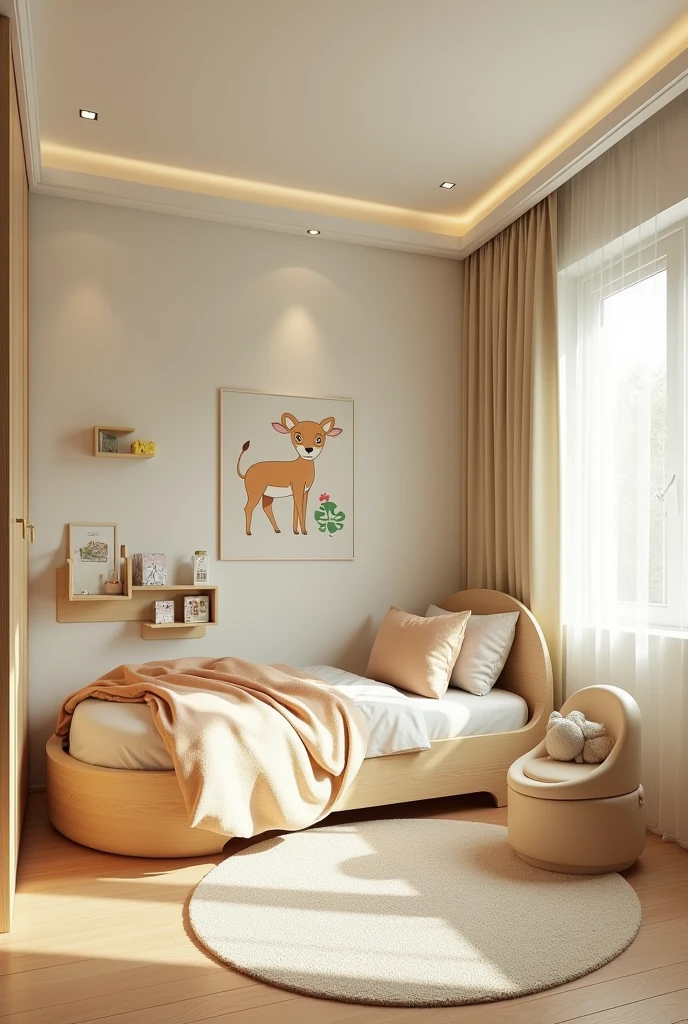Professional 3d architecture rendering design of modern and light moss and so light Thunder and light cream and light orange wooden Modern and minimal design for chid bedroom and light cream carpet with animals painting and white painting wall and light wooden closet with animals painting and modern ceiling lighting and modern curtains for chid room and the child bed similar globe and safety chair for chid and many toys