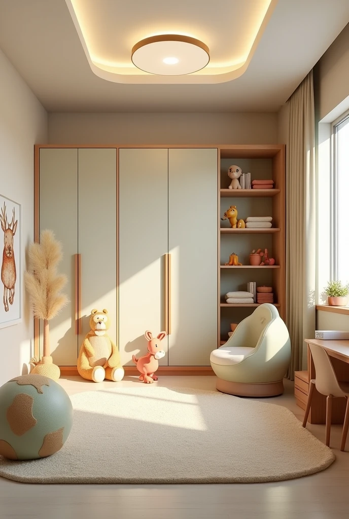 Professional 3d architecture rendering design of modern and light moss and so light Thunder and light cream and light orange wooden Modern and minimal design for chid bedroom and light cream carpet with animals painting and white painting wall and light wooden closet with animals painting and modern ceiling lighting and modern curtains for chid room and the child bed similar globe and safety chair for chid and many toys