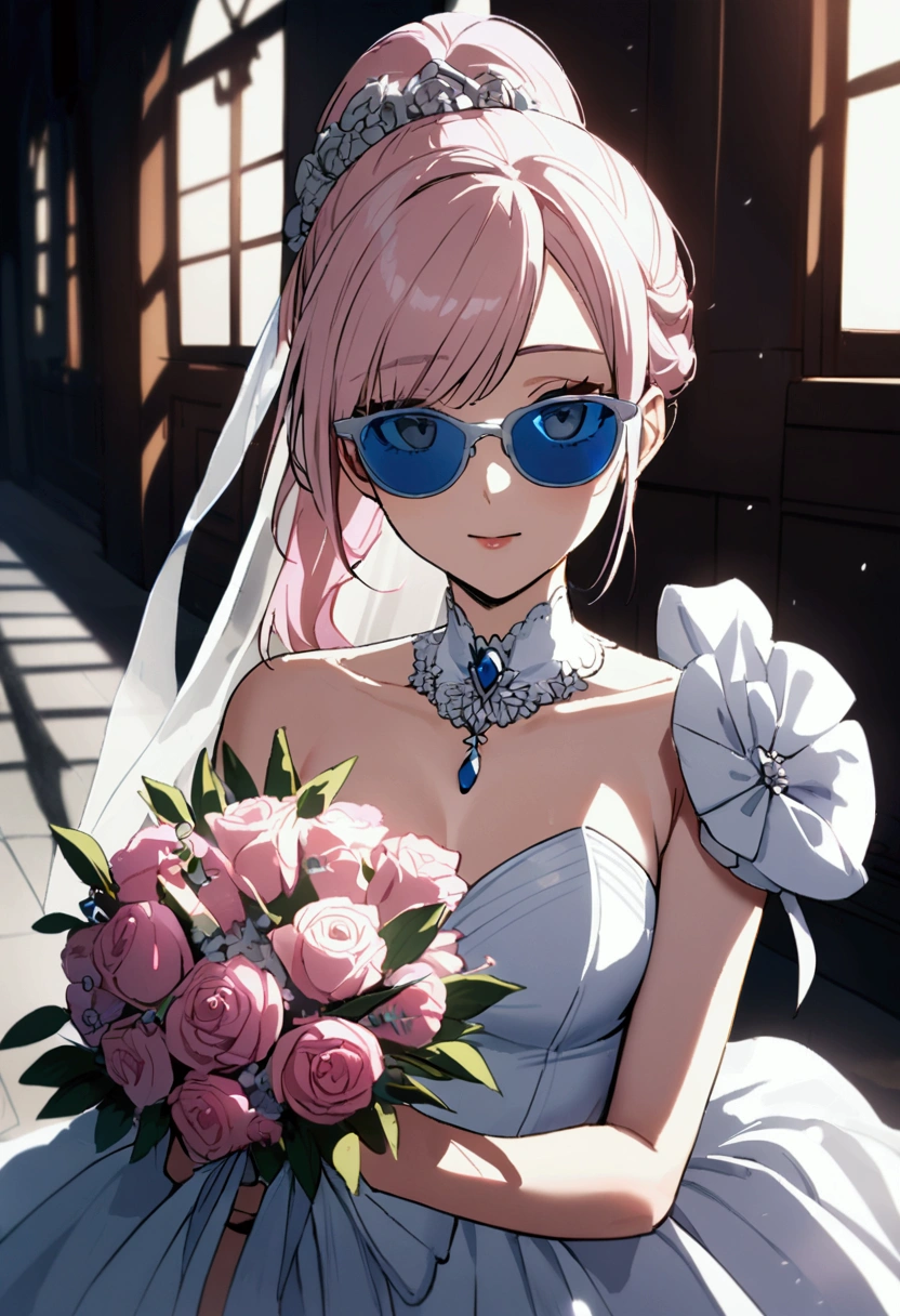 20 years old girl, light pink hair, gray eyes, single eyelids, tinted glasses, high ponytail, wedding dress