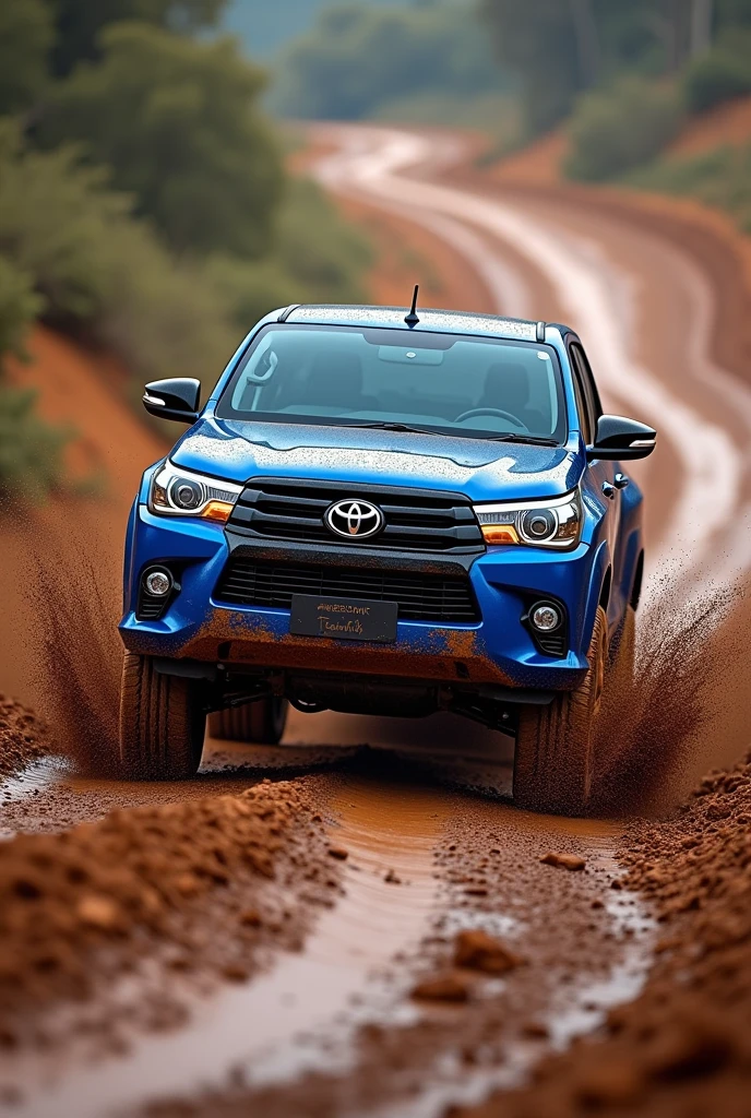 Ceeame a blue Toyota Hilux Colos on a dirt road with mud 

