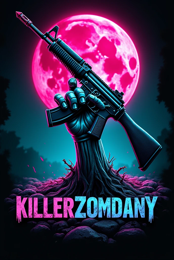 A logo of a realistic zombie hand, coming out of the ground, with an ak47, with the moon in the background, with phosphorescent green and fuchsia pink colors. With the name KILLERZOMDANY in bright blue. 