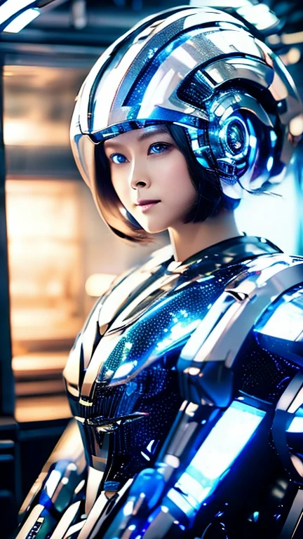 Wide-angle shot, 1 female, Mecha, Sparkling Blue Eyes, Very cute face, (Realistic:1.37), バイオMechaニカル, Spaceship interior bokeh background, Ultra-realistic, Very detailed, Very intricate details, Beautiful woman in focus