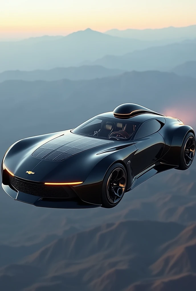 A Chevrolet car, In the black color, with eight seats, solar panels on the roof, leather in the upholstery, jet thrusters under the car, making it fly over, spherical steering wheel, watter cooler as cooling on the hood.