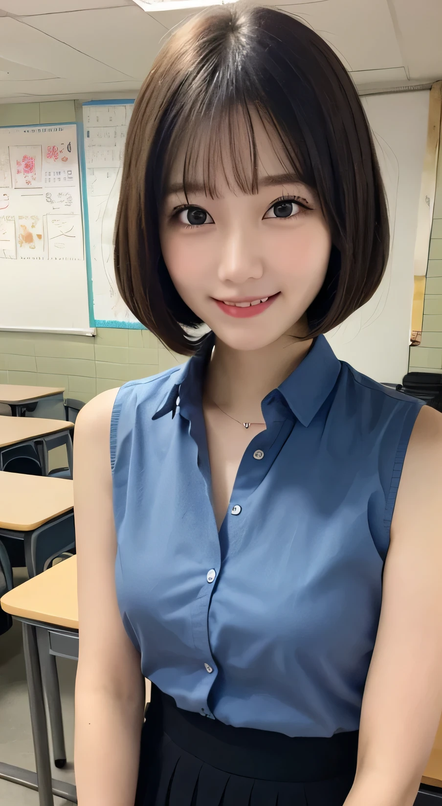 Tabletop, Highest quality, figure, Very detailed, In detail, High resolution, 8k wallpaper, Perfect dynamic composition, Beautiful attention to detail, (short hair)、Small breasts, Arched back,Deflect the waist、Push out your chest,smile、cute、sexy shot looking at camera,Perfect and beautiful face、Sleeveless shirt、Collared shirt、24-years-old、female teacher、mermaid skirt、smile、Simple Necklace、staff room、School、