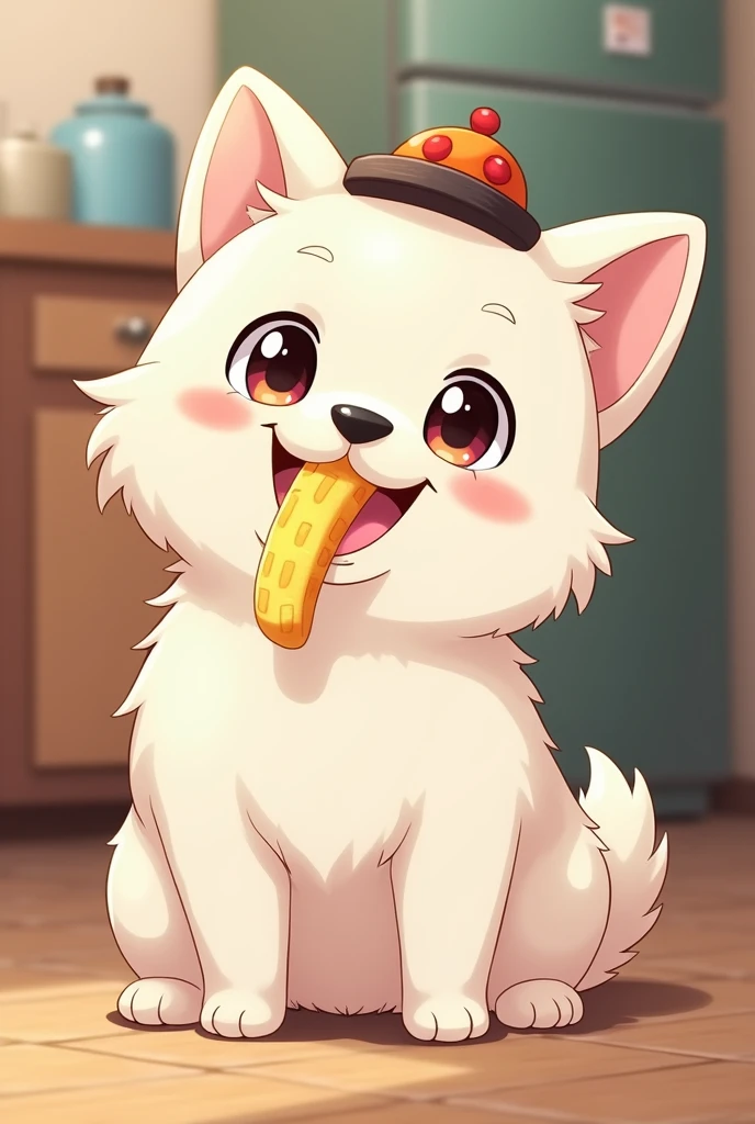 White anime dog with hat eating fries on mouth