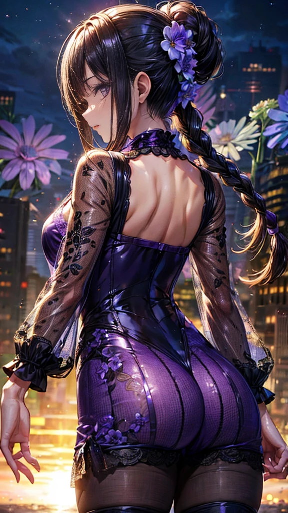 (Shiny purple long sleeve one piece,)(((Flare flower lace see-through))), black braids, (hair tied up at the back),