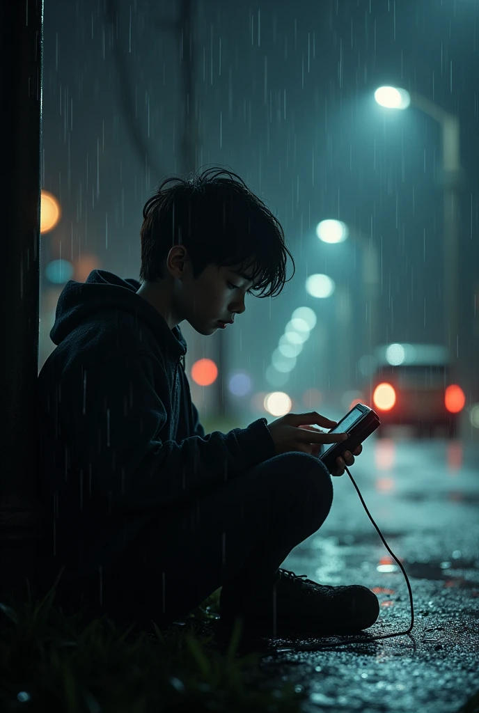 A sad boy listings music at night in rain