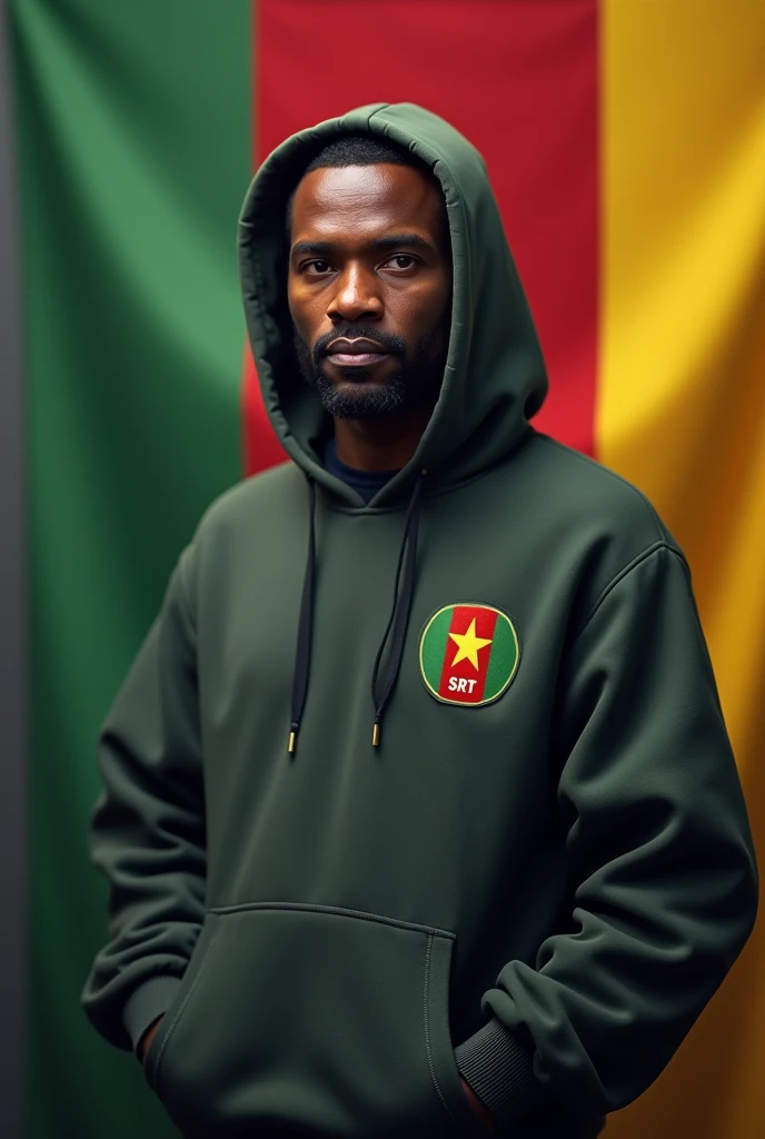 I want this same picture but the guy&#39;s sweater behind has the srt logo on it, le drapeau Sénégal doit être plus petit et le gars un peu corpulent en même temps le gars porte le capuchon du pull 