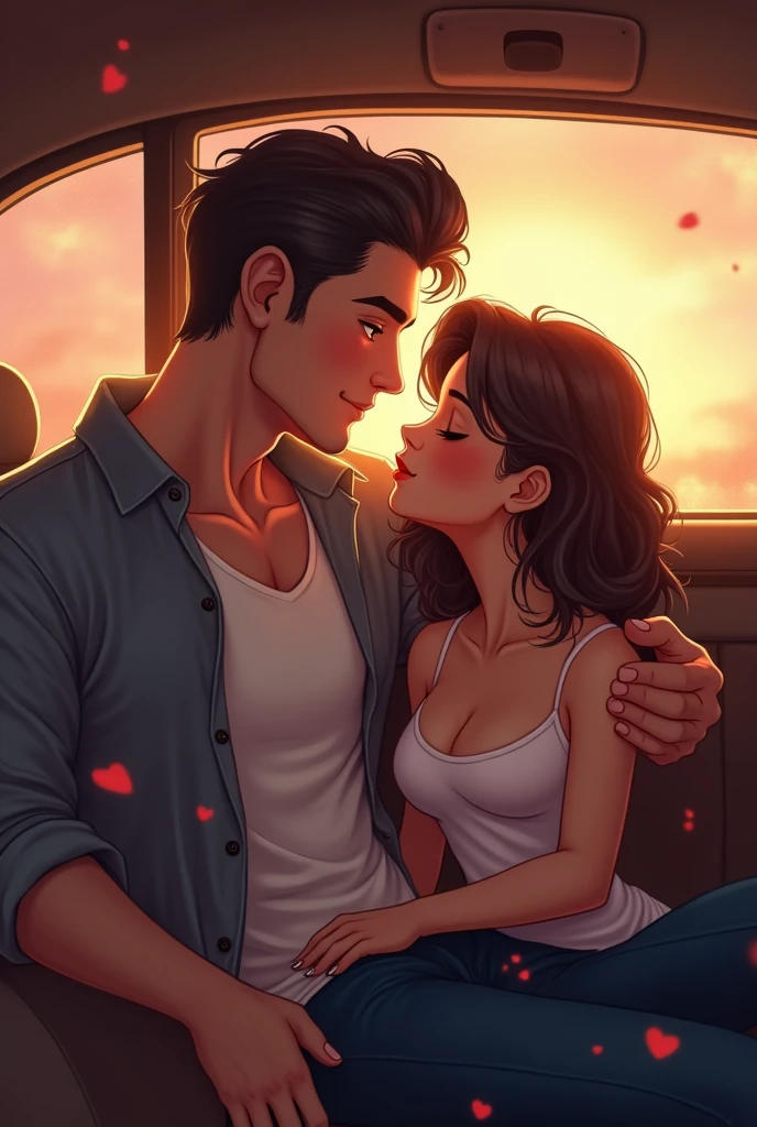 A handsome muscular boy of height 6 foot with a cute 4 foot girlfriend who is cute and caring on a romantic date in car