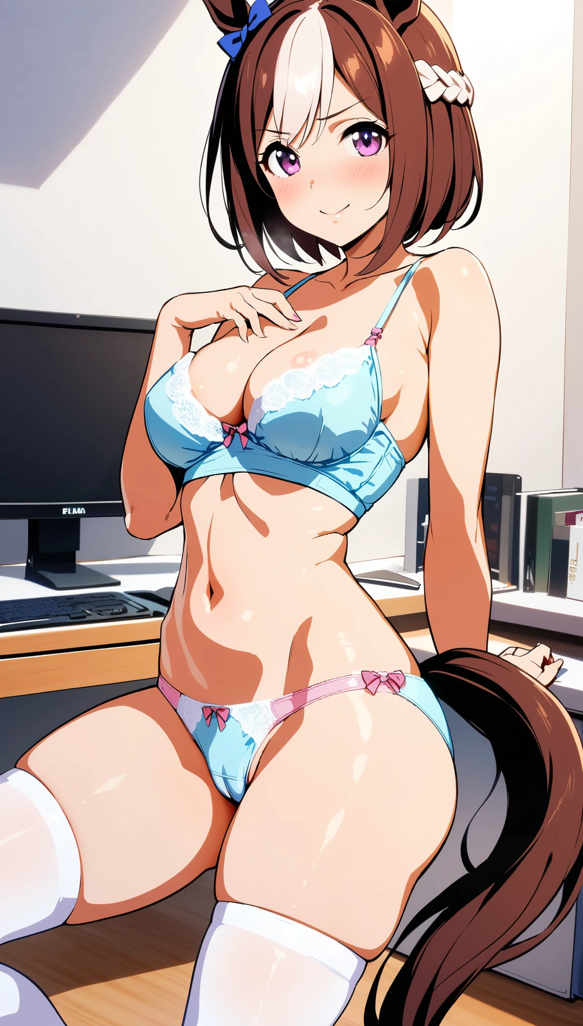 [[One person, Special Week \(umamusume\), umamusume]], Beautiful attention to detail, Close one eye, ((indoor, office, living room),  Curvy, thin, Mid-chest, Normal chest, (Thigh-high socks), (Cleavage) , (Sexy pose), (Seductive pose), (Crop Top Belly Button), ((panties), (good), (In underwear), (Flashy underwear), (lingerie))), (Close-up shot), Slender body,Dynamic Angle, Highest quality, Very detailed, masterpiece, Ultra-high resolution, 8k, Nipples, ((Horse tail)), Camel Toe, smile, Small Ass
