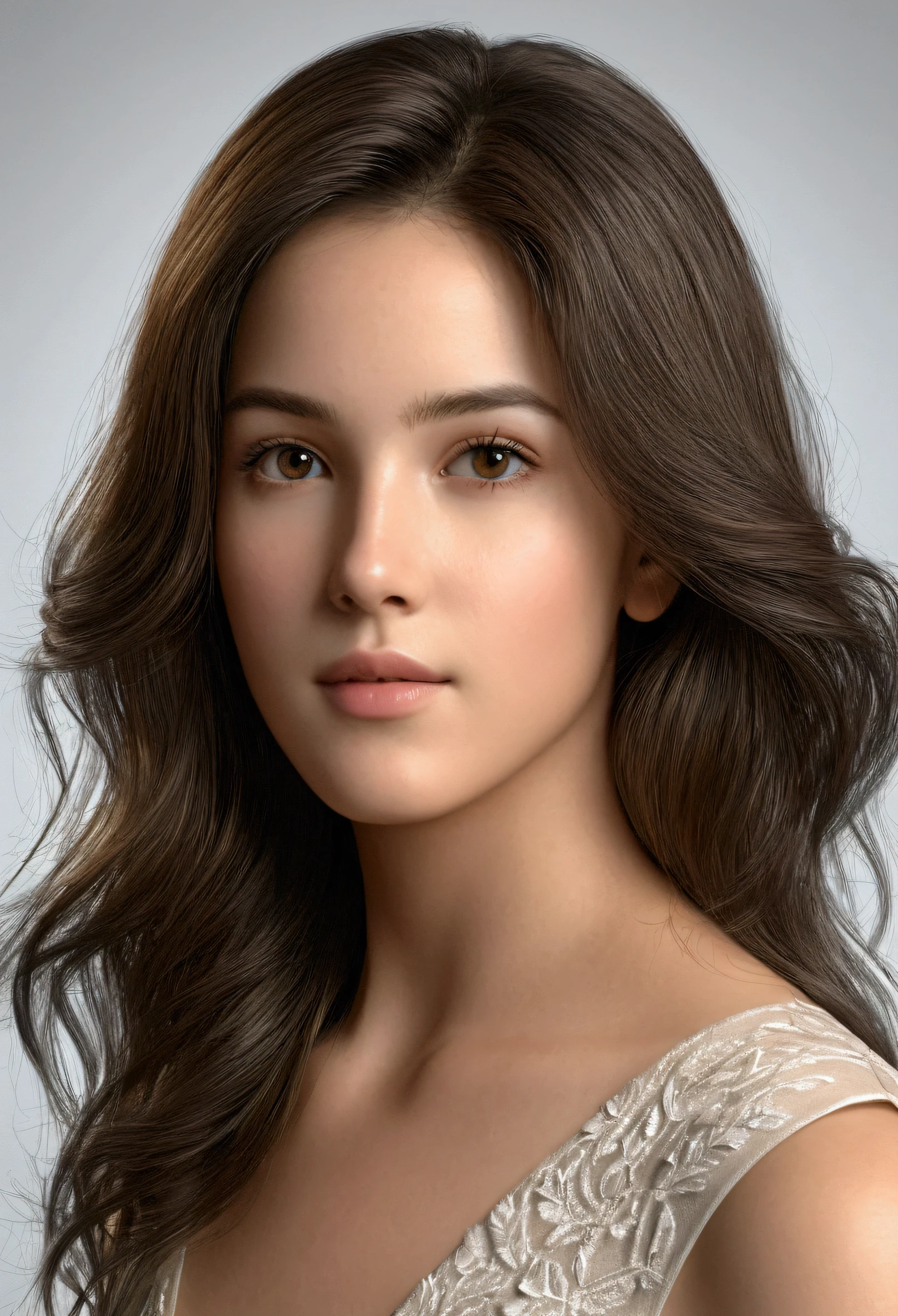 A delicate, 3D high resolution camara photo portrays, a beautiful young Monica Belluccy,  without background, her features rendered in subtle shading and precise lines. The framing is tight, focusing attention on the subject's serene face. Soft, feathery strokes convey the gentle texture of her hair, 